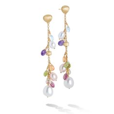 Marco Bicego Yellow Gold Mixed Gemstone and Pearl Long Drop Earrings - Paradise Collection