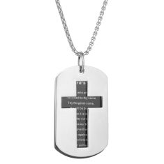 Men's Stainless Steel Lord's Prayer Cross Dog Tag Pendant Necklace