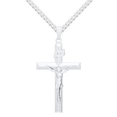 Men's Sterling Silver Beveled Edge Crucifix Pendant and Stainless Steel Chain Necklace