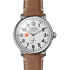Clemson Shinola The Runwell White Dial Tan Leather Strap Watch 47mm by M.LaHart & Co.