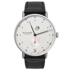 NOMOS Metro Date Power Reserve White Dial Black Leather Strap Watch 37mm - 1101