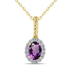 Oval Amethyst and 1/6ctw Lab Grown Diamond Halo Yellow Gold Pendant Necklace