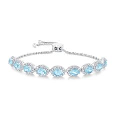 Oval Aquamarine and Created White Sapphire Sterling Silver Bolo Bracelet