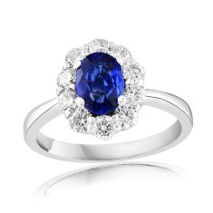 Oval Blue Sapphire and 7/8ctw Diamond Halo White Gold Ring