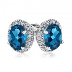 Oval London Blue Topaz and Diamond White Gold Stud Earrings 1/6ctw