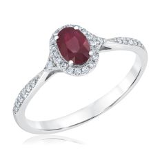 Oval Ruby and 1/8ctw Diamond Halo White Gold Ring