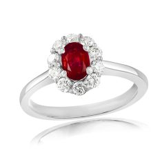Oval Ruby and 3/8ctw Diamond Halo White Gold Ring