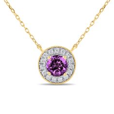 Round Amethyst and 1/5ctw Lab Grown Diamond Halo Yellow Gold Necklace