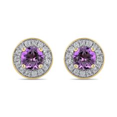 Round Amethyst and 3/8ctw Lab Grown Diamond Yellow Gold Halo Stud Earrings