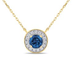 Round Blue Sapphire and 1/5ctw Lab Grown Diamond Halo Yellow Gold Necklace