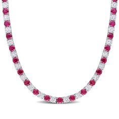 Round Created Ruby and Created White Sapphire Sterling Silver Tennis Necklace