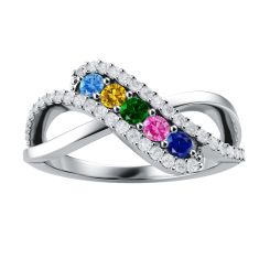 Mother's Custom Birthstone and Created White Sapphire Wave Family Ring (3 or 5 Gemstones)