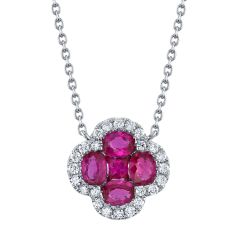 Shy Creation Ruby and 1/6ctw Diamond White Gold Clover Necklace