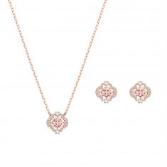 Swarovski Crystal Sparkling Dance Pink Clover Rose Gold-Tone Plated Necklace and Earring Set