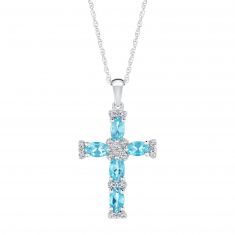 Swiss Blue Topaz and Created White Sapphire Cross Necklace