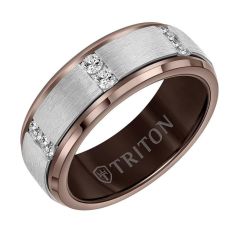 TRITON 1/3ctw Diamond Espresso Tungsten and Silver Brush Finish Vertical Row Wedding Band 8mm