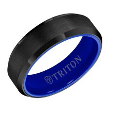 TRITON Raw Black DLC Tungsten Carbide with Blue Ceramic Sleeve Beveled Edge Comfort Fit Wedding Band 7mm