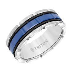 TRITON White Tungsten Carbide with Blue and Black Ceramic Center Comfort Fit Wedding Band 8mm