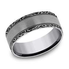 Tungsten Milgrain and Mokume Pattern Edge Comfort Fit Band 8mm