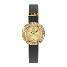 Versace La Greca Gold-Tone Dial Black Leather Strap Watch 28mm - VE8C00224