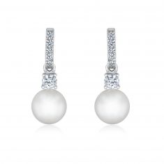White Freshwater Cultured Pearl and Created White Sapphire Sterling Silver Drop Earrings