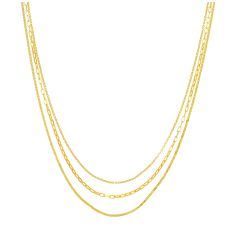 Yellow Gold Solid Triple-Strand Layered Rolo, Paperclip, and Curb Chain Necklace